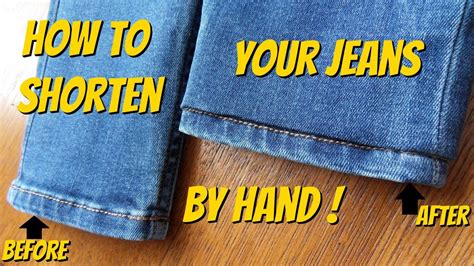 How to hem jeans - 1. Decide how much you need to hem your jeans by trying them on and marking with a pin where you want the new hem to be. 2. Lay them flat on the floor - right side out - and measure from the hem of the jeans to the pin. In this example my husband wanted his pants hemmed by 1.25 inches. Step 2: Measure from hem to desired new hem.